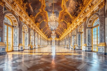 Obraz premium A grand hall showcases majestic chandeliers and detailed gilded moldings, illuminated by natural light, highlighting the opulent decor and architectural beauty of the room.