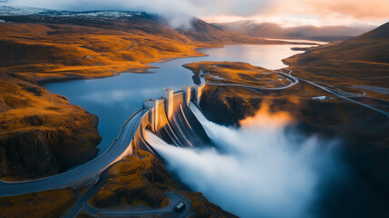 Fototapeta premium An aerial view of a dam releasing water, creating a mist in the air.