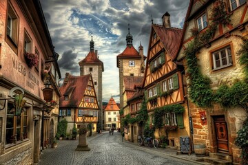 Naklejka premium A picturesque medieval street features colorful half-timbered houses nestled among cobblestone pathways. The scene is lively with tourists exploring the charming village atmosphere.