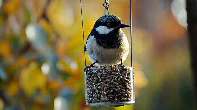 A black-capped chickadee perches on a hanging feeder filled with sunflower seeds