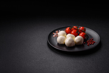 Delicious fresh mozzarella cheese with tomatoes, salt and spices