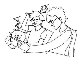 Emotions moment. Happy people communication with  phone. Communicates in a video meeting. Online with friends. Social networks. Technologies. Hand drawn vector illustration
