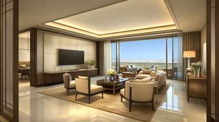 Modern Living Room with Cityscape View and Luxurious Furniture