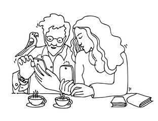 Man and woman are sitting, drinking coffee and talking on the phone. Share information online. Social networks. Online learning, work. Hand drawn vector illustration.