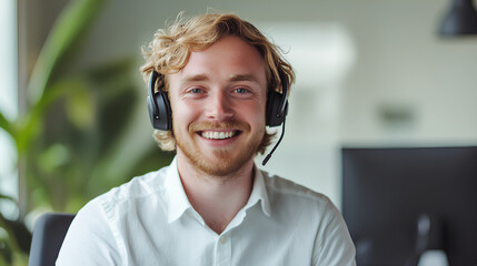 a man wearing headphones with a microphone, 30 years old, a call center operator, blond hair , wearing a white shirt, smiling, light background 