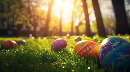 A colorful Easter egg hunt taking place in a sunlit park
