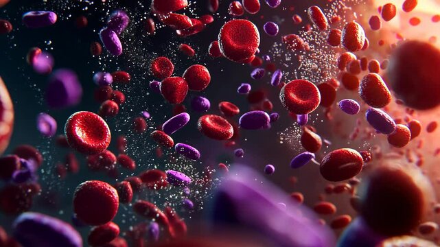 Red blood cells and platelets flow through a vein