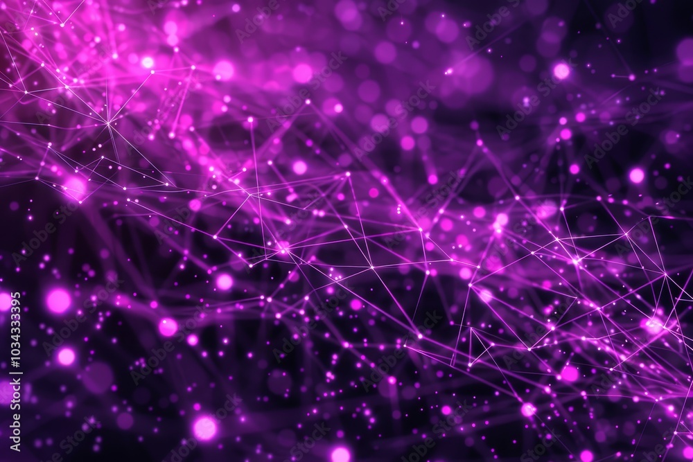 Poster vibrant purple lines and luminous particles intertwine to form an abstract pattern, creating an elec