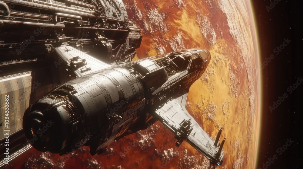 Aufkleber Futuristic Spaceship Orbiting a Red Planet