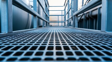 Obraz premium A close up view of metal grates and catwalks showcasing industrial design and structure
