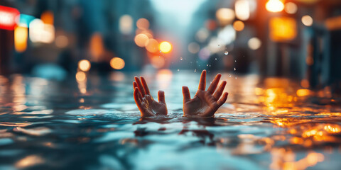 A pair of hands reach up from the water, seeking help, against a backdrop of city lights.