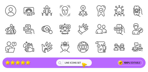 Cyber attack, Online voting and Manual doc line icons for web app. Pack of Online question, Court judge, Users pictogram icons. Hold heart, Salary, Yoga mind signs. Inclusion, Headshot. Vector