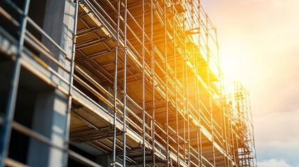 Golden sunlight reflects off the intricate scaffolding surrounding ongoing construction