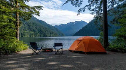 A serene campsite nestled among trees overlooks a tranquil lake, featuring a warm campfire and a comfortable chair, ideal for enjoying nature