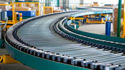 Conveyor belts continuously transporting products within a bustling distribution facility