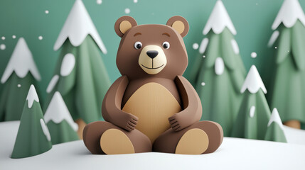 Russian bear with pine trees and snow