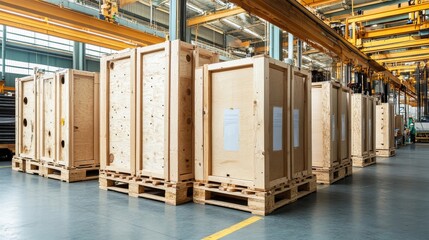 Crates filled with industrial equipment await transportation in a bustling warehouse