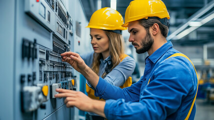 Engineers Collaborating on Control Panel in Industrial Setting