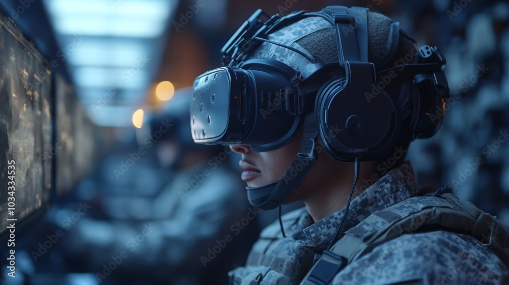 Aufkleber Military personnel engage in immersive training using virtual reality technology at a facility designed for advanced simulation exercises.