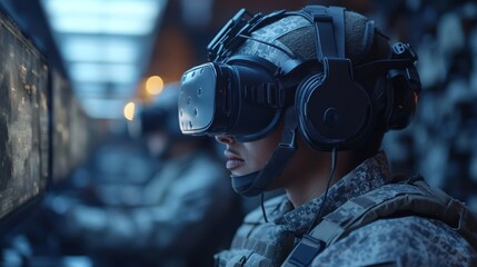 Military personnel engage in immersive training using virtual reality technology at a facility designed for advanced simulation exercises.