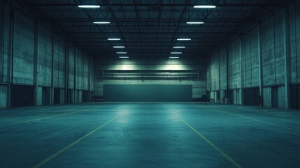 Fototapeta premium A vast quiet warehouse awaits activity beneath glowing overhead cranes