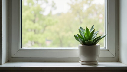 Fototapeta premium Succulent Plant in White Pot on Windowsill with Blurred Green Background