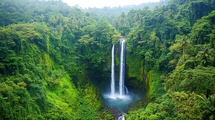 Lush Rainforest Canopy with a Majestic Waterfall Cascading Down a Cliff
