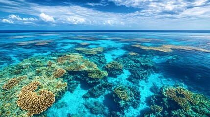 Fototapeta premium Aerial view of vibrant coral reefs and clear turquoise waters under a bright blue sky, showcasing the beauty of underwater ecosystems.