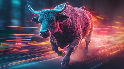 Neon Bull Running Fast in a City at Night