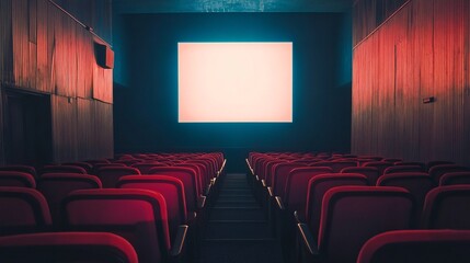 Empty movie theater with red seats, illuminated screen, and warm ambient lighting, creating a nostalgic atmosphere.