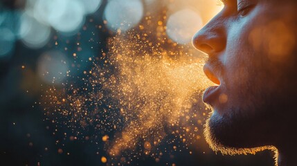 A man coughing, with particles of droplets visibly spreading into the air, highlighting the transmission of a virus