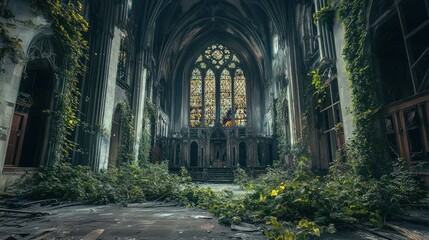 Overgrown Interior of an Abandoned Church with a Stained Glass Window