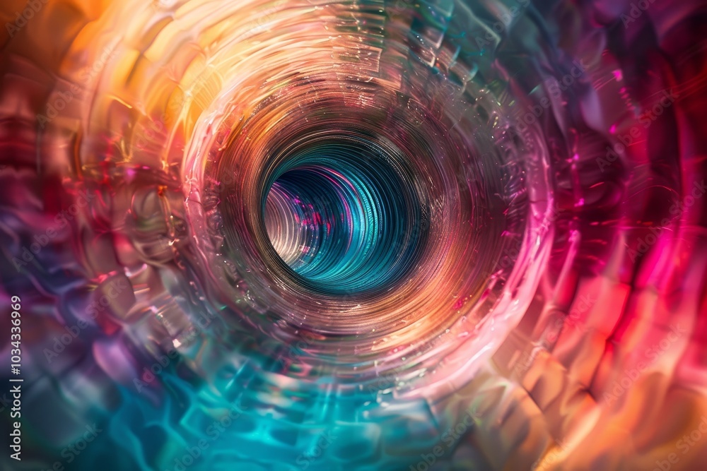 Poster multicolored light reflects off a spiraling tunnel, creating a mesmerizing effect with vibrant hues 
