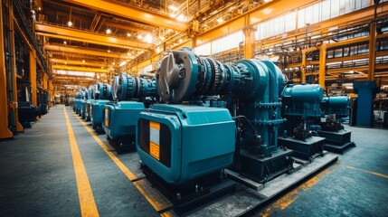 Fototapeta premium Heavy duty engines line the warehouse floor shining under warm industrial lights