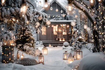 Obraz premium Holiday village, houses decorated for Christmas or New Year's Eve, city street in winter, snow, gifts on the porch and street lights, fairy tale setting 
