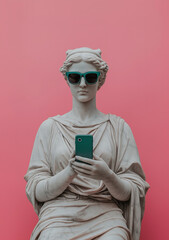 Ancient female statue wearing sunglasses, taking pictures with a cell phone. Social media retrofuturism background