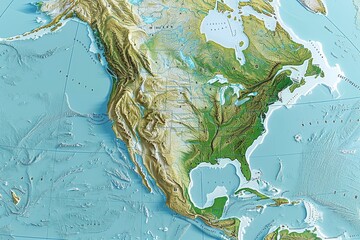 The relief map illustrates North America's varied landscapes, featuring prominent mountain ranges, vast plains, and lush coastlines, highlighting geographical diversity.
