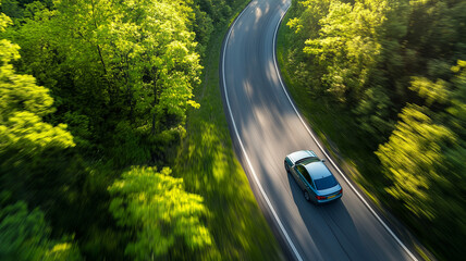 Car in rural area in deep rain forest with green tree view from above, Aerial view of a car in open path road with speed motion background. Generative AI