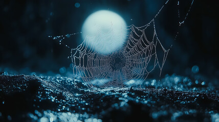 A spider web is on a body of water with a full moon in the background. The spider web is very intricate and the moon is shining brightly