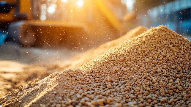 Warm sunlight casts a golden glow over gravel and sand piles at the construction site