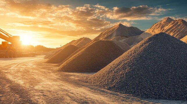 Piles of gravel and sand sit quietly as the sun rises highlighting their textured surfaces