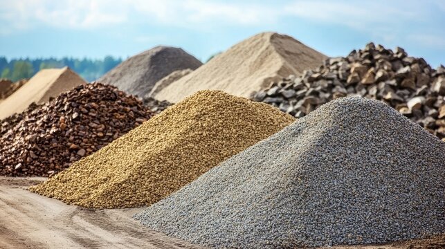 Large piles of gravel and sand fill the construction yard ready for upcoming projects