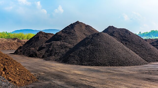 Mountains of iron ore stand ready for processing as nature’s beauty surrounds them