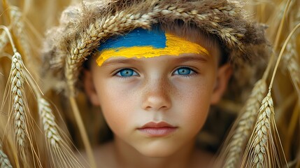 On golden In a wheat field under a bright blue sky stands a young boy with the symbol of Ukraine, the Ukrainian flag, painted on his face.