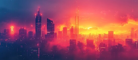 Fototapeta premium Cityscape with fog and red and orange sky, futuristic, cityscape skyline.