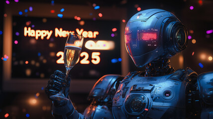 Fototapeta premium A robot is holding a glass of champagne and standing in front of a sign that says Happy New Year 2025