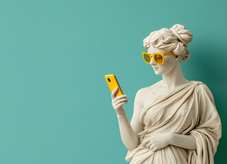 Ancient female statue wearing sunglasses, texting on a cell phone. Social media retrofuturism background
