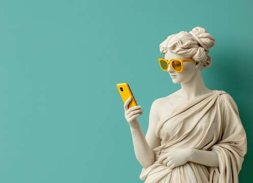 Ancient female statue wearing sunglasses, texting on a cell phone. Social media retrofuturism background
