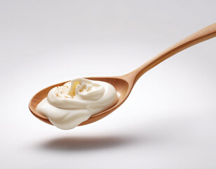wood spoon filled with Greek yogurt isolated