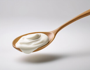 wood spoon filled with Greek yogurt isolated